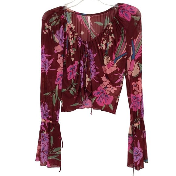 Free People Red Floral Piece Of Paradise Blouse Bell Sleeve Tie Front Crop Top S - Picture 2 of 16